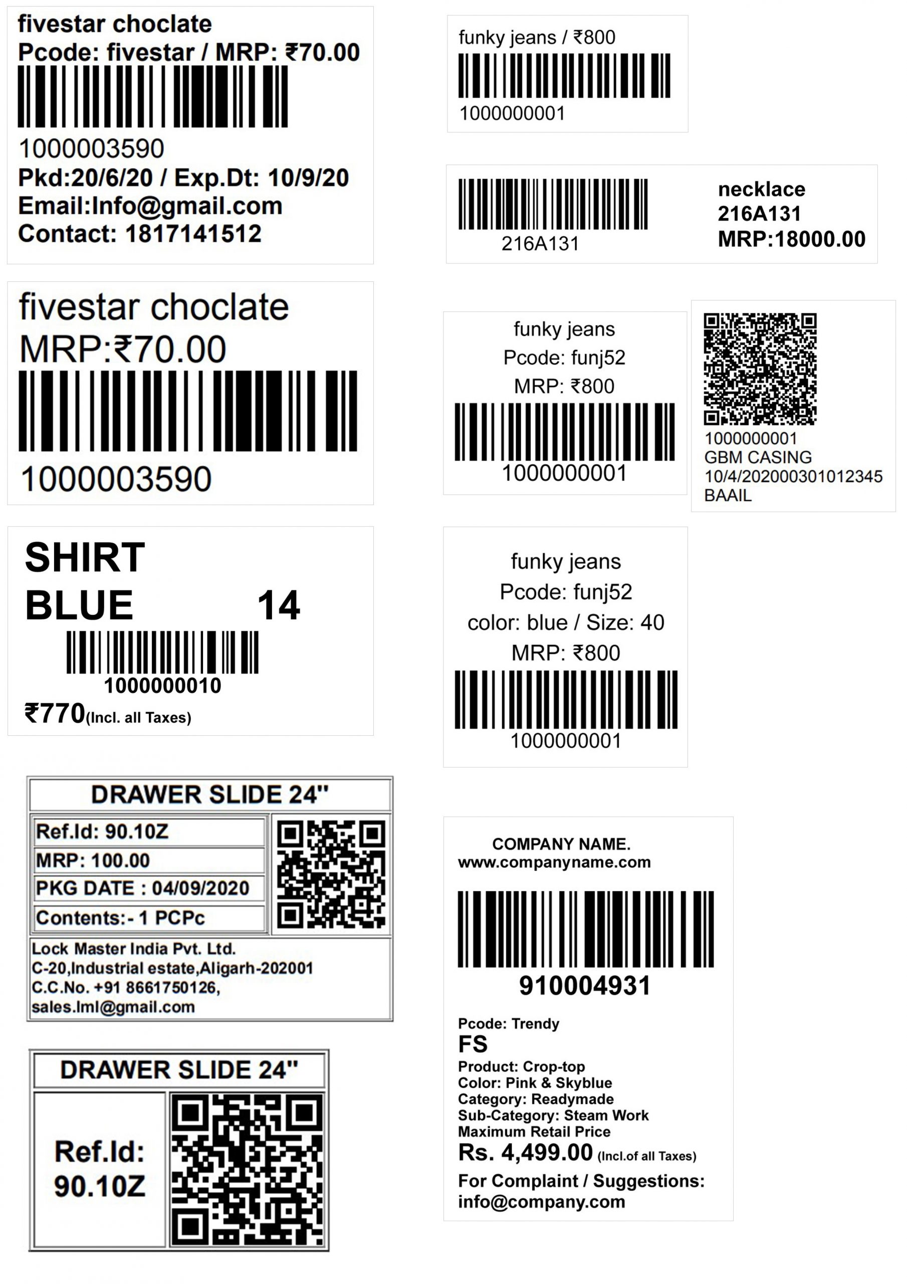 Barcode and QR Code Label Samples from Retailcore software RetailCore